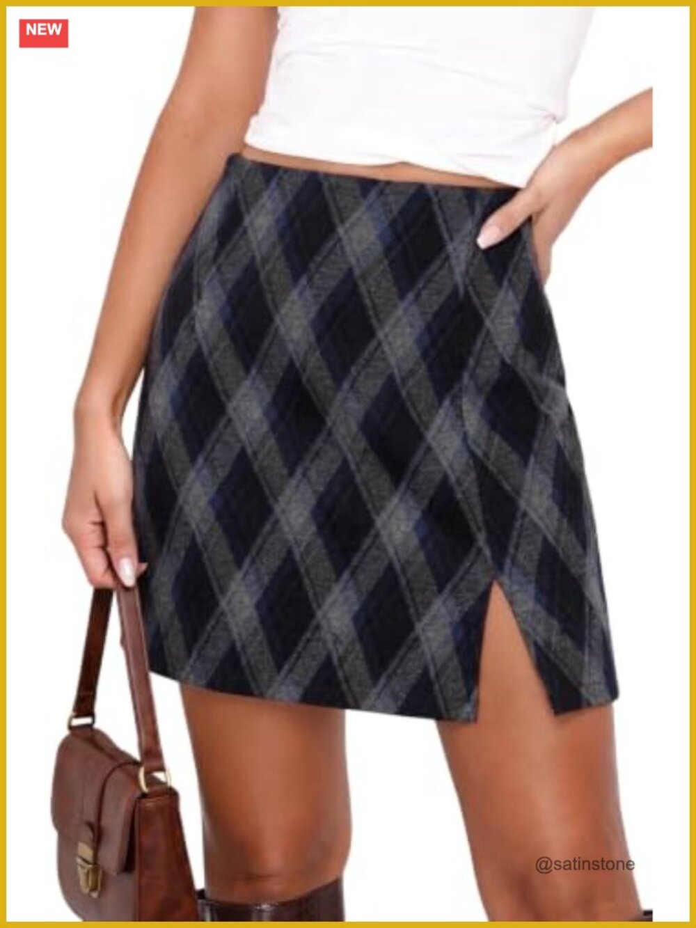 High Waist Side Slit A-Line Plaid Mini Skirt with Pockets